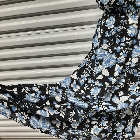 Creative Concepts Dress Women's Medium Black Blue Floral Short Sleeve Open Back - Picture 5 of 12